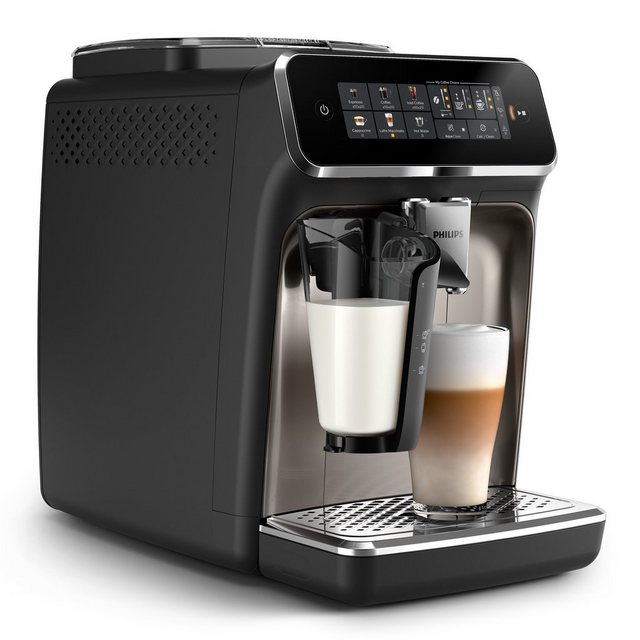 Philips Kaffeevollautomat EP3347/90 3300 Series, 6 Kaffeespezialitäten, mit LatteGo-Milchsystem, Schwarz verchromt