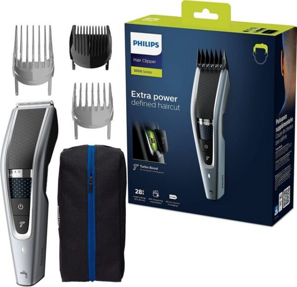 Einen schnellen und gleichmäßigen Haarschnitt ermöglicht der Philips Hairclipper Series 5000. Seine innovative Trim-n-Flow-PRO-Technologie verhindert ein Verfangen und Verstopfen geschnittener Haare in den Klingen. In Kombination mit der DualCut-Technologie sorgt der Haarschneider für ein schnelleres Schneiden. Es lassen sich über ein praktisches Zoom-Rad insgesamt 28 Längeneinstellungen einstellen. Für eine einfache Bedienung ist der Rasierer mit einem ergonomischen Griff versehen. Durch den integrierten Turbo-Modus lässt sich auch dickeres Haar mühelos schneiden. Um den Haarschneider einfach zu reinigen