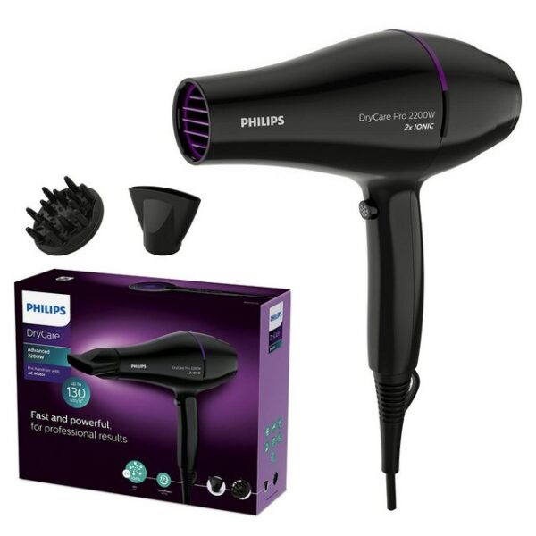 Philips DryCare Pro Haartrockner mit leistungsstarkem AC-Motor (Modell BHD274/00): Leistungsstarker AC-MotorDer Haartrockner bietet eine hohe Luftgeschwindigkeit von bis zu 130 km/h für eine effiziente Trocknung. 2.100 W LeistungMit dieser Leistung können Sie Ihre Haare schneller und einfacher trocknen. ThermoProtect TemperatureinstellungEr gewährleistet eine optimale Trockentemperatur und schützt vor Überhitzung. 9 mm-StylingdüseDie Stylingdüse konzentriert den Luftstrom für ein präzises und hervorragendes Styling. LieferumfangDer Haartrockner wird mit einem AC-Motor