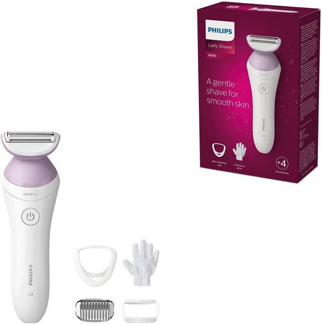 Philips Elektrorasierer Lady Shaver Series 6000 Elektrischer Nass- Trockenrasierer für Frauen, Aufsätze: 3, Kabelloser Akku Damenrasierer