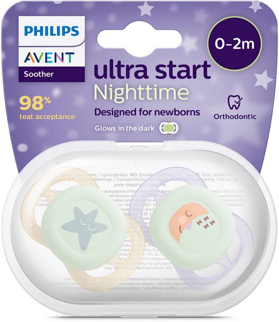 Philips AVENT Schnuller Ultra Start Nighttime 0 bis 2 Monate SCF075/07, kiefergerecht, mit leuchtendem Knopf, inkl. Sterilisationsbox