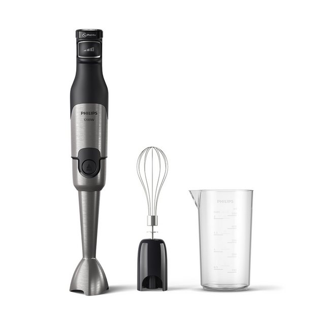 Philips Stabmixer HR2682/00 5000 Series, mit ProMix-Technologie, 1200 W, Becher und Schneebesenaufsatz, Edelstahl/Schwarz