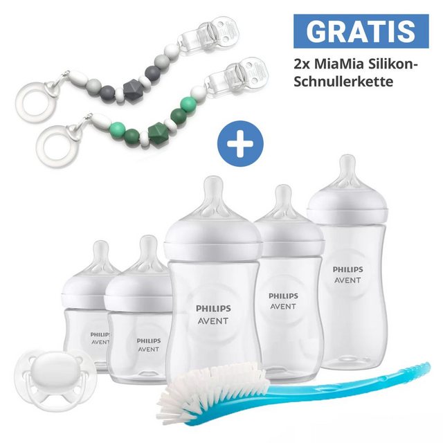 Philips AVENT Babyflasche Neugeborenen-Starter-Set Natural, 7 tlg. Set 5 Baby Flaschen, Schnuller, Flaschenbürste & Schnullerkette