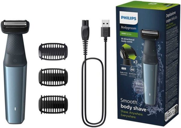 Philips Elektrokörperrasierer Series 3000 BG3027/05 Akku wasserdicht  Eine sanfte Körperpflege auch an sensiblen Stellen bietet der hochwertig verarbeitete Philips Bodygroom Series 3000 wasserfeste Trimmer für Körper und Intimbereich BG3027/05. Durch den bidirektionalen Trimmer und Kammaufsatz ermöglicht er ein müheloses Trimmen in unterschiedliche Richtungen. Für mehr Kontrolle beim Rasieren ist der langlebige und robuste Rasierer mit einem ergonomischen Griff ausgestattet. Um die Haut vor Schnittverletzungen zu schützen