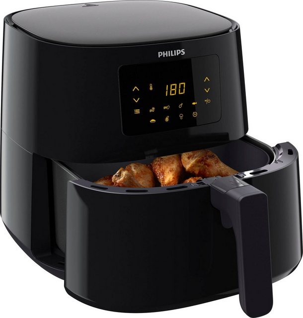 Ermöglicht ein Frittieren auf gesunde Art: Der Philips Essential Airfryer XL HD9270/90. Dank der Rapid Air Heißlufttechnologie wird heiße Luft für die Zubereitung knuspriger Speisen verwendet. Geeignet ist das Gerät zum Grillen