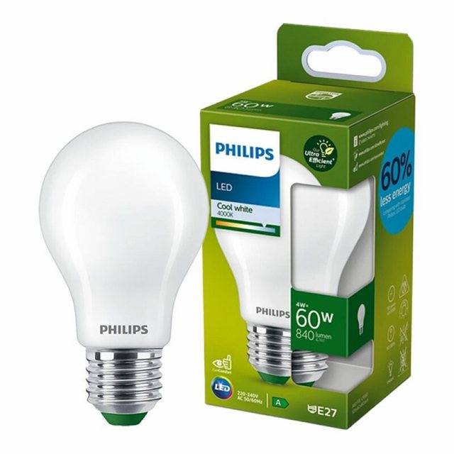 Hersteller: Philips EAN: 8719514435612    Eigenschaften: Sockel: E27 Spannung: 230V Wattleistung: 4 W Vergleichbar mit einer Glühlampe: 60 W Lichtleistung: 840 lm Farbe: Kaltweiß Farbtemperatur: 4000K Lebensdauer der Lampe: 50.000h Anzahl der Schaltzyklen: 50.000 Abstrahlwinkel: 360° Color Rendering Index (CRI): 80   Energieeffizienzklasse: A Energieverbrauch:  4 kWh pro 1.000 Std.   Abmessungen Höhe:  105 mm Breite:  60 mm