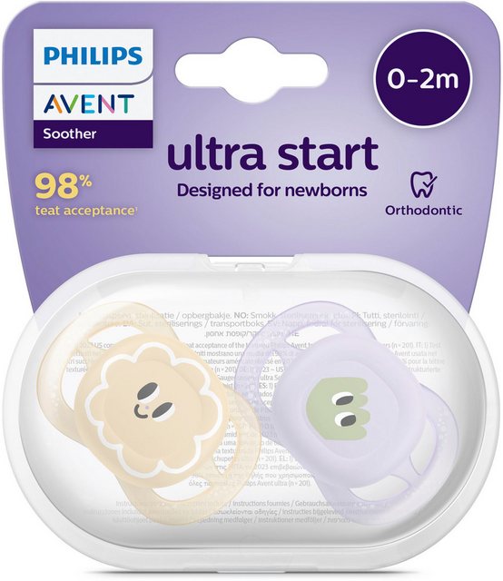 Philips AVENT Schnuller Ultra Start 0 bis 2 Monate SCF075, kiefergerecht geformter Sauger aus Silikon, inkl. Sterilisationsbox