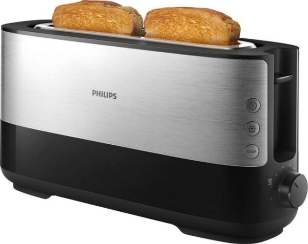 Für eine schmackhafte Brotzeit: Der Toaster HD2692/90 aus der Philips Viva Collection röstet ganz nach den persönlichen Vorlieben. Anhand von 8 Bräunungsstufen lässt sich die Zubereitung individuell regulieren. Für ein gleichmäßiges