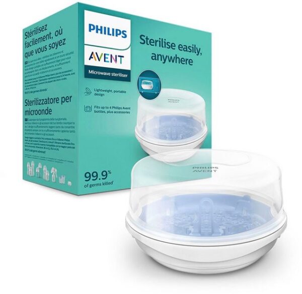 Der Philips Avent Mikrowellen-Sterilisator SCF281/02 ermöglicht ein schnelles und zuverlässiges Sterilisieren von Babyfläschchen und Zubehör. Er passt in die meisten Mikrowellengeräte und beseitigt 99