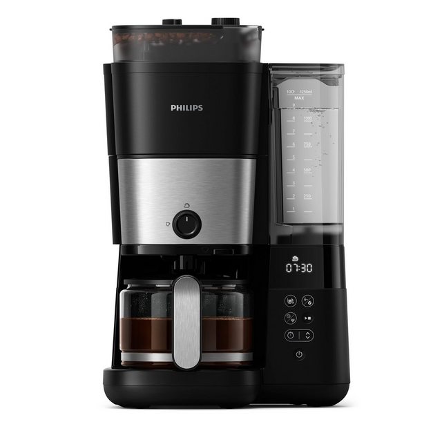 Die Philips All-in-1 Brew Filterkaffeemaschine mit integriertem Mahlwerk HD7888/01 bietet einen leckeren Geschmack frischer Kaffeebohnen in jeder Tasse. Um den Mahlgrad nach Wunsch anzupassen und das volle Aroma zu entfalten