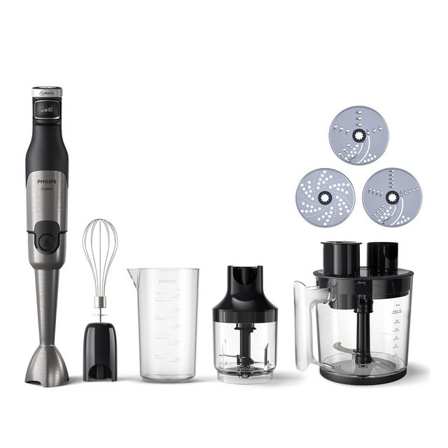 Philips Stabmixer HR2685/00 5000 Series, mit ProMix-Technologie, Becher, 1200 W, Schneebesen, Foodprozessoraufsatz und Zerkleinerer, Edelstahl/Schwarz