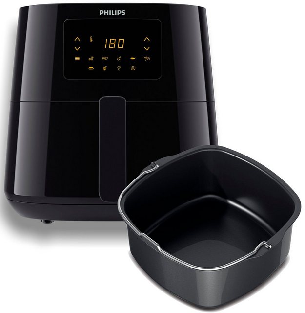 Philips Essential HD9270/93 Airfryer XL mit zusätzlichem Back-Kit. Für leckere Pommes mit bis zu 90% weniger Fett empfiehlt sich der Philips Essential Airfryer XL HD9270/93. Mit seiner Rapid Air Heißlufttechnologie verwendet er heiße Luft und ermöglicht damit ein gesundes Frittieren. Daneben lässt sich das Gerät auch zum Backen