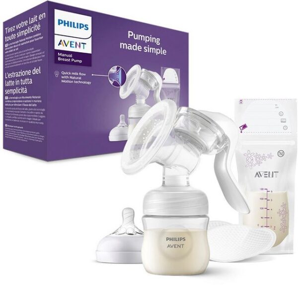 Die Philips Avent Handmilchpumpe im Standard-Set SCF430/20 ermöglicht ein leichtes und bequemes Abpumpen. Dank der Natural Motion-Technologie mit dem innovativen Silikonkissen imitiert sie die Saugbewegung von Babys und stimuliert damit die Brust. So wird der Milchfluss schneller eingeleitet und das Abpumpen effizienter gestaltet. Mit seiner weichen und flexiblen Form passt sich das Silikonkissen sanft und individuell an die Brustgröße an. Durch ihr kompaktes und leichtes Design lässt sich die Handmilchpumpe einfach aufbewahren und flexibel transportieren. Dazu besteht sie aus nur wenigen Teilen