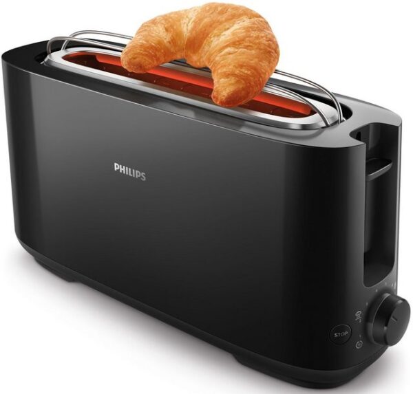 Mit dem hochwertig verarbeiteten Philips Daily Collection Toaster HD2590/90 lässt sich knuspriger Toast mit einer gleichmäßigen Bräune zubereiten. Nach den persönlichen Vorlieben können acht verschiedene Bräunungsstufen ausgewählt werden. Für unterschiedliche Brotsorten verfügt das attraktiv gestaltete Gerät über lange Toastkammern. Ausgestattet ist es im Weiteren mit einem integrierten Brötchenaufsatz