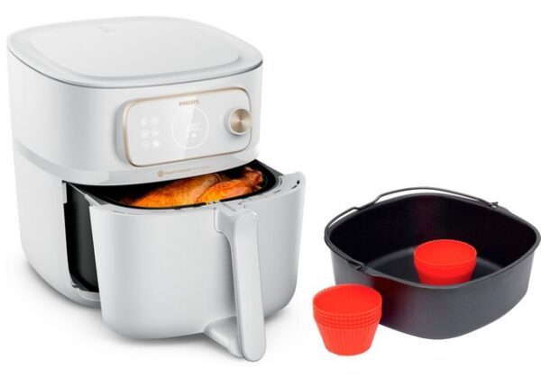 Mit der Philips 7000 Series verbundene Airfryer-Kombi XXL HD9875 gelingen die Lieblingsmahlzeiten im Handumdrehen. Für die Essenszubereitung nach dem persönlichen Geschmack ist sie mit einer Rapid CombiAir Technologie ausgestattet