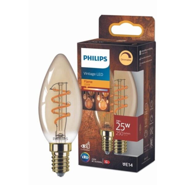 Design und Materialausführung Material: Glas Farbe: Gold Technische Daten Anschlussspannung: 220-240 Volt Brennstellen: 1 Leistungsaufnahme: 3 Watt Vergleichbare Wattleistung einer Glühlampe: 25 Watt Sockel: E14 Dimmbar: Ja Daten zum Leuchtmittel Lichttechnologie: LED Energieklasse: E Bauform: Kerze - B35 Lichtfarbe: Goldweiß Farbtemperatur: 2200 K Lichtstrom: 250 lm Farbwiedergabeindex (CRI): 80 Lebensdauer: 15000 Stunden Schaltzyklen: 15000 Verschiedenes Weitere Informationen: EyeComfort Artikelmaße und Gewicht Höhe: 97 mm Durchmesser: 35 mm Gewicht: 0