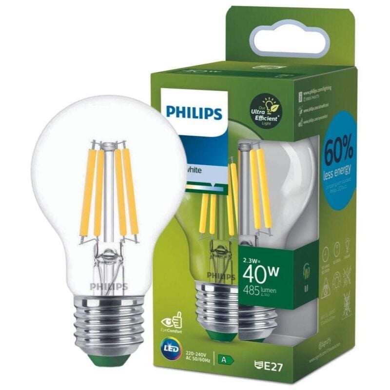 Philips – Ultra Efficient led Filament Lampe ersetzt 40W E27 Birne – A60 2,3W 485lm 4000K Einerpack