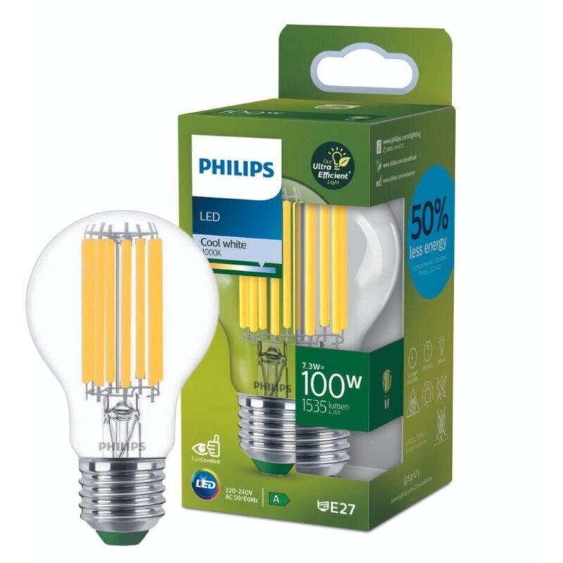 Philips – Ultra Efficient led Filament Lampe ersetzt 100W E27 Birne – A60 7,3W 1535lm 4000K Einerpack