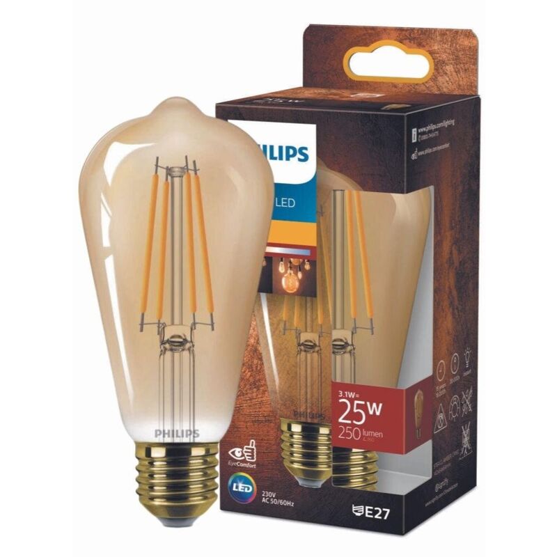 Philips – Vintage led Filament Lampe ersetzt 25W E27 ST64 Edisonform 3,1W 250lm 1800K Einerpack