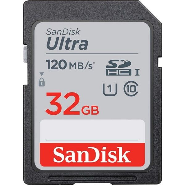 SD Card 32GB SanDisk SDHC UHS-I 120MB/secDie Sandisk Ultra SDHC-I Speicherkarten sorgen für bessere Fotos und Full HD-Videos mit einer Kompaktkamera der mittleren Preisklasse oder einem Camcorder.Mit SanDisk Ultra UHS-I Speicherkarten profitiert man von schnelleren Downloads und besserer Performance für das Aufnehmen und Speichern von Full HD-Videos der allerhöchsten Qualität.So erlebt man extrem schnelle Lesegeschwindigkeiten von bis zu 120 MB/s und spart so Zeit beim Kopieren von Fotos und Videos von der Karte auf den Computer.ZustandNeuwareLieferumfangSanDisk SDHC Ultra 32 GB - Speicherkarte - schwarz