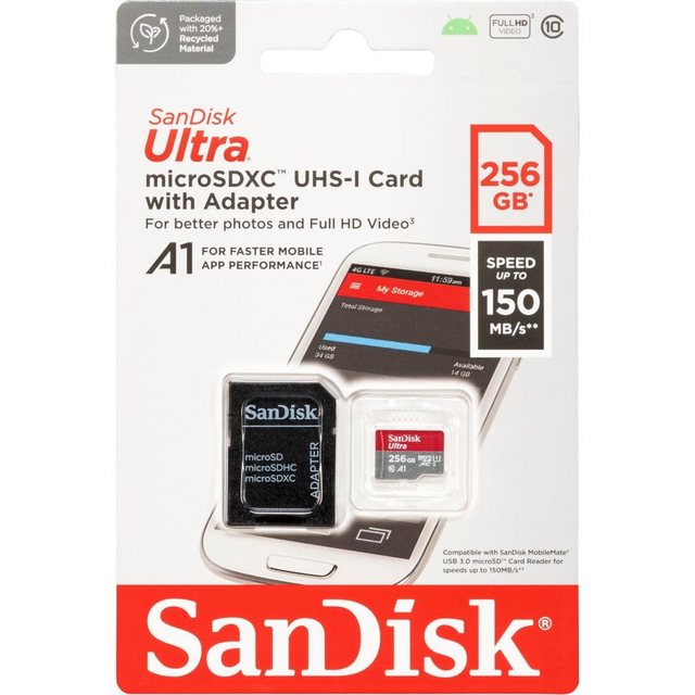 Sandisk Micro SDXC Karte 256GB Ultra Android UHS-I U1 150 MB/s A1 Class 10 Speicherkarte