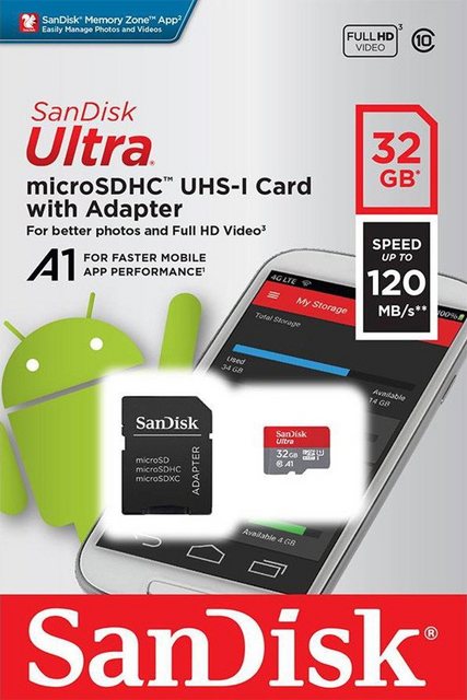 Sandisk Micro SDHC Karte 32GB Ultra Android UHS-I U1 120 MB/s A1 Class 10 Speicherkarte