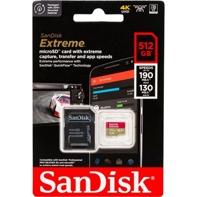 Sandisk Micro SDXC Karte 512GB Extreme UHS-I U3 4K 190 MB/s V30 A2 Class 10 Speicherkarte