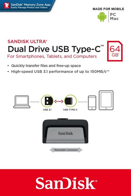 Sandisk 64GB Speicherstick Ultra Dual Drive silber Typ C USB 3.1 mit USB 3.1 USB-Stick