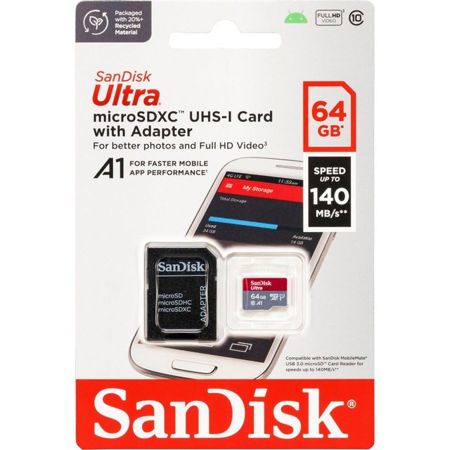 Sandisk Micro SDXC Karte 64GB Ultra Android UHS-I U1 140 MB/s A1 Class 10 Speicherkarte