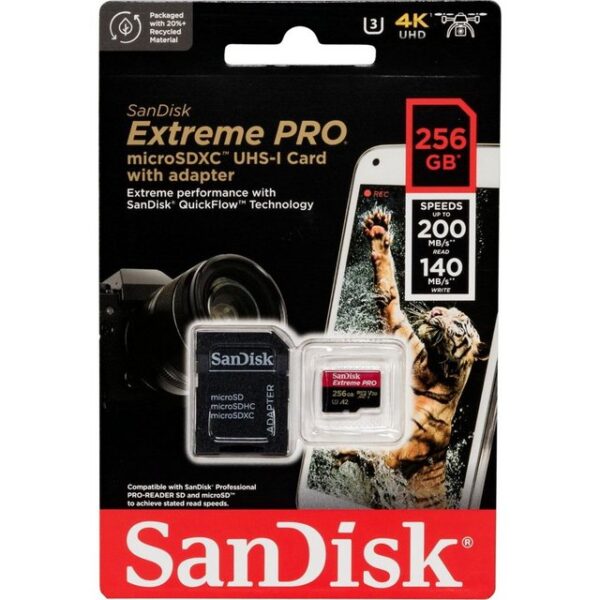 Hersteller: SandiskHerstellernummer: SDSQXCD-256G-GN6MAEAN: 0619659188542Typ: Micro SDXC SpeicherkarteModell: Extreme Pro UHS-I U3 4K V30 A2Menge: 1 StückSpeicherkapazität: 256 GBMaße: 15 mm x 11 mm x 1 mm (LxBxH)Gewicht: ca. 0