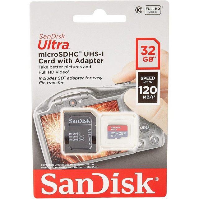 Sandisk Ultra microSDHC 32GB 120MB/s A1 Class 10 UHS-I + S Speicherkarte