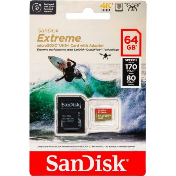 Hersteller: SandiskHerstellernummer: SDSQXAH-064G-GN6AAEAN: 0619659193386Typ: Micro SDXC SpeicherkarteModell: Extreme UHS-I U3 4K V30 A2Menge: 1 StückSpeicherkapazität: 64 GBMaße: 15 mm x 11 mm x 1 mm (LxBxH)Gewicht: ca. 0