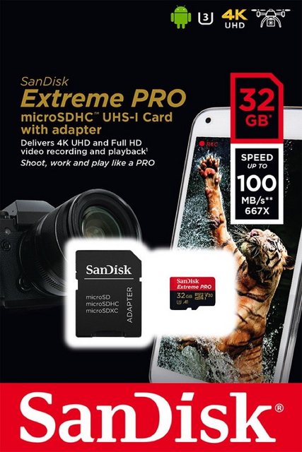 Sandisk Micro SDHC Karte 32GB Extreme Pro UHS-I U3 4K 100 MB/s V30 A1 Class 10 Speicherkarte