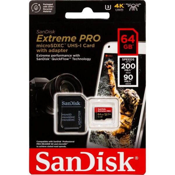 Hersteller: SandiskHerstellernummer: SDSQXCU-064G-GN6MAEAN: 0619659188573Typ: Micro SDXC SpeicherkarteModell: Extreme Pro UHS-I U3 4K V30 A2Menge: 1 StückSpeicherkapazität: 64 GBMaße: 15 mm x 11 mm x 1 mm (LxBxH)Gewicht: ca. 0