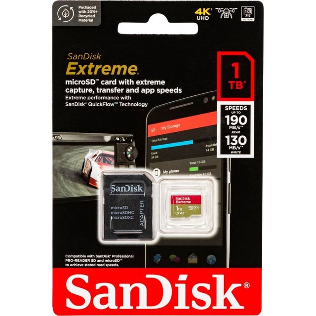 Sandisk Micro SDXC Karte 1TB Extreme UHS-I U3 4K 190 MB/s V30 A2 Class 10 Speicherkarte