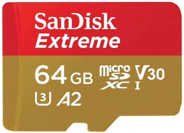 Erstklassige SanDisk micro SDXC Extreme 64GB mit einer Lesegeschwindigkeit bis zu 170 MB/S ermöglicht die Aufnahme von hochauflösenden 4K-UHD-Videos.