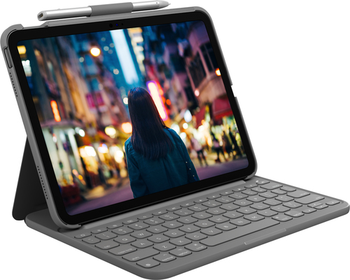 Logitech Slim Folio – Tastatur und Foliohülle – kabellos – Bluetooth LE – QWERTZ – Deutsch – Oxford Gray