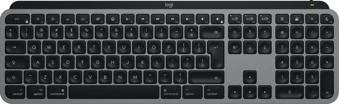 Logitech Master Series MX Keys S for Mac – Tastatur – full size – hinterleuchtet – kabellos – Bluetooth LE – QWERTY – US International – Space-grau (920-011637)