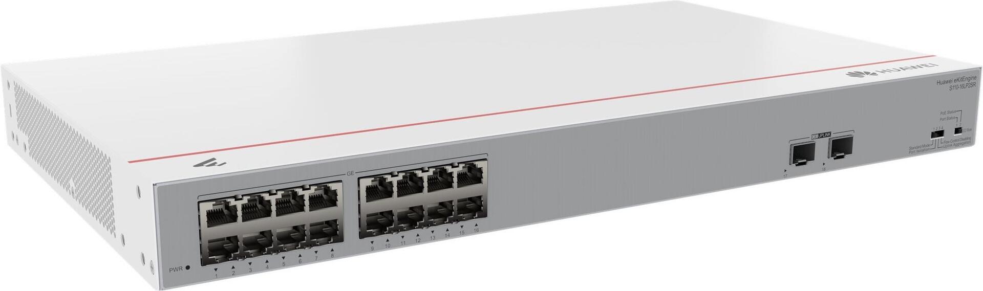 HUAWEI Switch S110-16LP2SR 16×10/100/1000BASE-T ports 2xGE SFP ports PoE+ AC power eKit DE (P) (98012197)