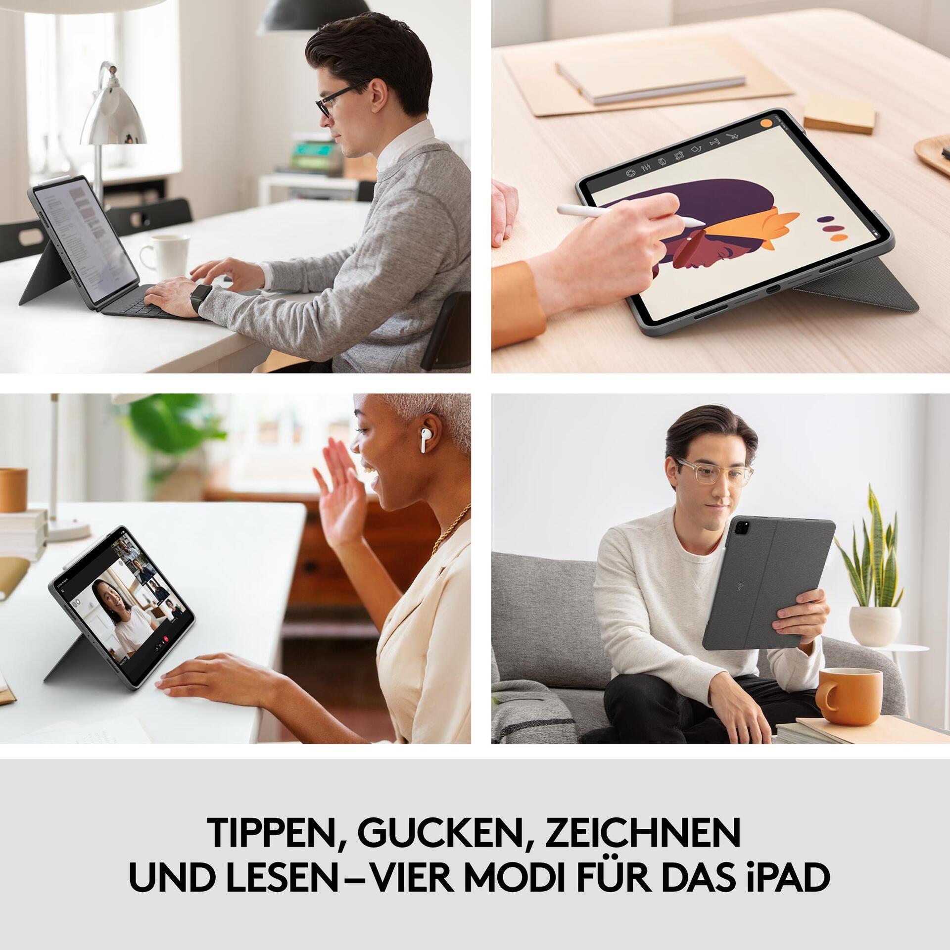 Kurzinfo: Logitech Combo Touch - Tastatur und Foliohülle - mit Trackpad - hintergrundbeleuchtet - Apple Smart connector - QWERTY - GB - Oxford Gray - für Apple 12.9 iPad Pro (5. Generation) Gruppe Tastaturen Hersteller Logitech Hersteller Art. Nr. 920-010214 Modell Combo Touch EAN/UPC 5099206095755 Produktbeschreibung: Logitech Combo Touch - Tastatur und Foliohülle - mit Trackpad - QWERTY - GB - Oxford Gray Gerätetyp Tastatur und Foliohülle Hintergrundbeleuchtet 16-stufig Schnittstelle Apple Smart connector Eingabegerät Tastatur Anschlusstechnik Kabelgebunden Eingebaute Geräte Trackpad Lokalisierung und Layout QWERTY GB Tastaturkurzbefehl-Funktion Suchen