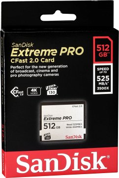 SanDisk Extreme Pro CFast 2.0Eigenschaften:Kapazität: 512 GBLesegeschwindigkeit: bis zu 525 MB/sSchreibgeschwindigkeit: bis zu 450 MB/sFormfaktor: CFast 2.0Hinweis: Dieser Artikel kann nur an eine deutsche Lieferadresse ausgeliefert werden.