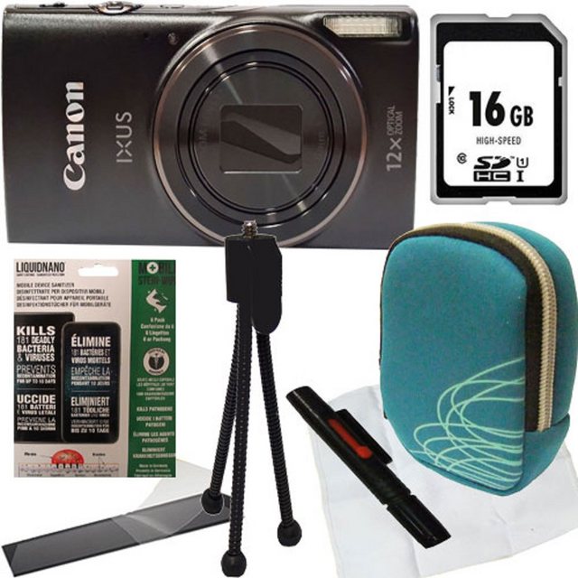 Canon Ixus 285 HS schwarz Set Angebot Inklusive 16 GB Speicherkarte Inklusive Objektiv Reinigungsstift Inklusive Desinfektionstücher Inklusive Mini Stativ Inklusive Kameratasche Inklusive Display-Schutzfolie Inklusive Mikrofasertuch