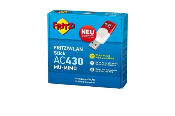 7580 und 6590 Cable. Die MU-MIMO-Technologie gestattet die parallele Kommunikation im WLAN. Ein entsprechend ausgestatteter Router kann mit bis zu vier WLAN-Geräten ? z. B. mit dem FRITZ!WLAN Stick 430 MU-MIMO ausgestatteten Notebooks ? zeitgleich Daten austauschen. Der WLAN Stick beherrscht auch alle älteren WLAN-Standards und eignet sich für den Aufbau einer WLAN-Verbindung mit allen gängigen Routern. Mit einer Übertragungsgeschwindigkeit von bis zu 433 MBit/s erreicht der WLAN-Stick deutlich höhere Datenraten als WLAN-Adapter älterer Generationen. Die Dualbandunterstützung (2