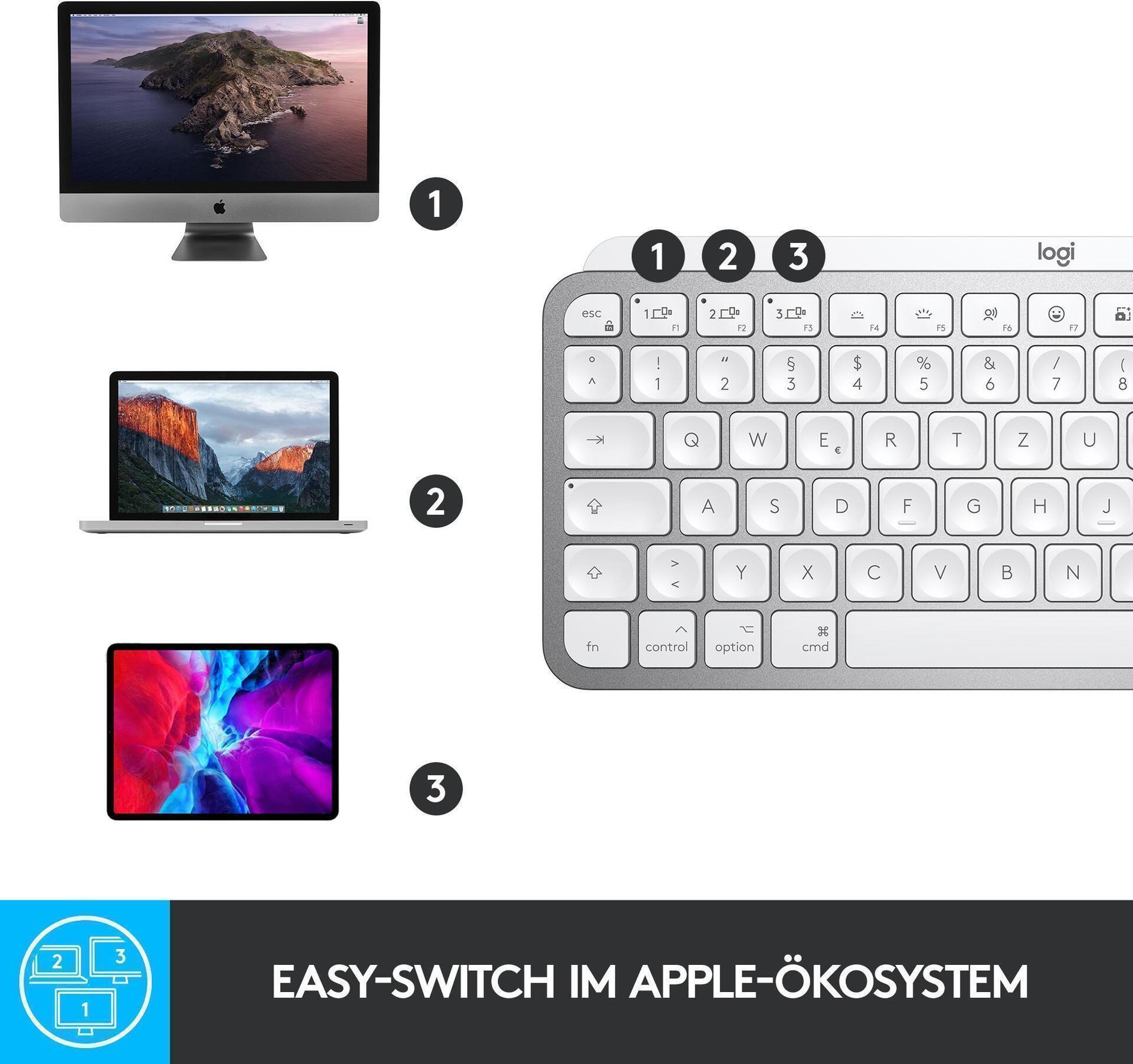 Kurzinfo: Logitech MX Keys Mini for Mac - Tastatur - hinterleuchtet - Bluetooth - QWERTZ - Deutsch - Pale Gray Gruppe Tastaturen Hersteller Logitech Hersteller Art. Nr. 920-010519 Modell MX Keys Mini for Mac EAN/UPC 5099206099098 Produktbeschreibung: Logitech MX Keys Mini for Mac - Tastatur - QWERTZ - Deutsch - Pale Gray Gerätetyp Tastatur Hintergrundbeleuchtet Ja Schnittstelle Bluetooth Lokalisierung und Layout QWERTZ Deutsch Tastaturkurzbefehl-Funktion Stummtaste