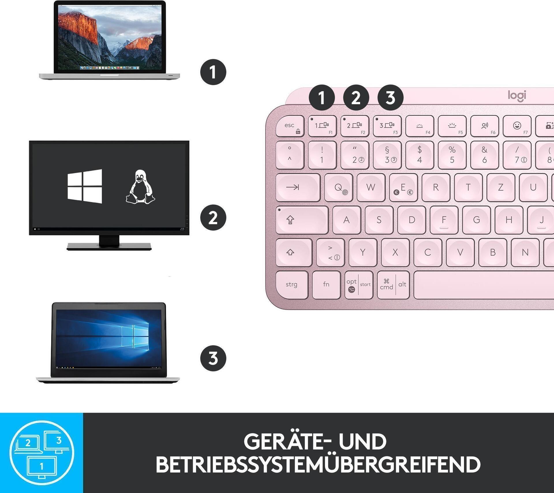 Kurzinfo: Logitech MX Keys Mini - Tastatur - hinterleuchtet - Bluetooth - QWERTZ - Deutsch - rosé Gruppe Tastaturen Hersteller Logitech Hersteller Art. Nr. 920-010481 Modell MX Keys Mini EAN/UPC 5099206098855 Produktbeschreibung: Logitech MX Keys Mini - Tastatur - QWERTZ - Deutsch - rosé Gerätetyp Tastatur Hintergrundbeleuchtet Ja Schnittstelle Bluetooth Lokalisierung und Layout QWERTZ Deutsch Tastaturkurzbefehl-Funktion Stummtaste