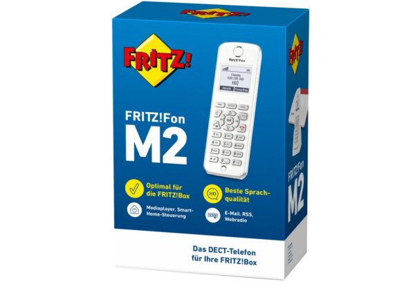 die Stimmen natürlicher überträgt als eine herkömmliche Sprachübertragung. Telefonieren genießen – beim FRITZ!Fon M2 mit angenehm klarem Klang.Bester Kontakt zur BasisDas FRITZ!Fon M2 wurde speziell für die Verwendung mit einer FRITZ!Box mit DECT-Basis konzipiert. In dieser Kombination zeigt Ihr FRITZ!Fon den kompletten Funktionsumfang und Sie können auf kostenlose Updates zugreifen.Einfach bedienungsfreundlichMit dem FRITZ!Fon M2 macht Telefonieren so richtig Spaß: Dank ergonomischer Tastatur und intelligenter Menüsteuerung greifen Sie in Sekundenschnelle auf alle Informationen zu