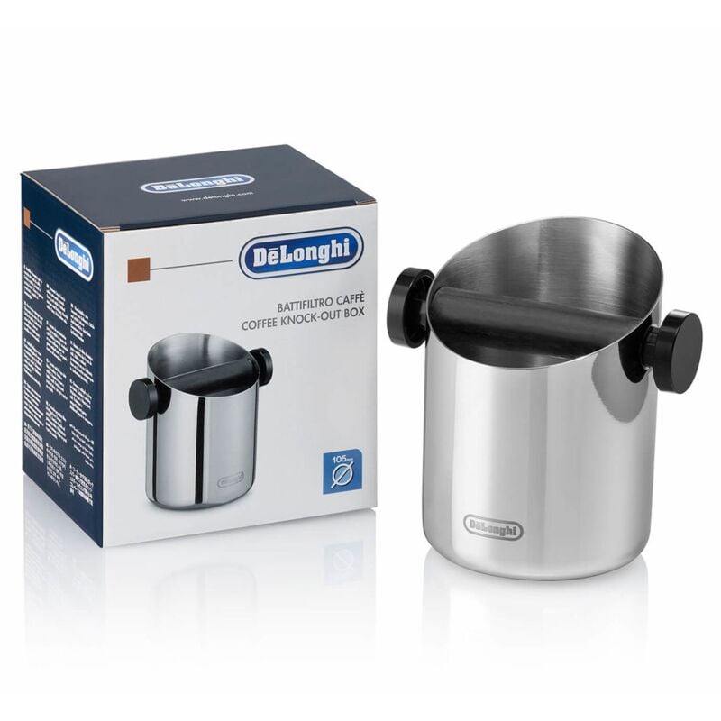 Die Knock Box DLSC059 von DeLonghi ist ein unverzichtbarer Bestandteil des Kaffeesets für den professionellen Barista oder Kaffeeliebhaber. Tippen Sie einfach mit Ihrem Filterhalter auf die Knock Box