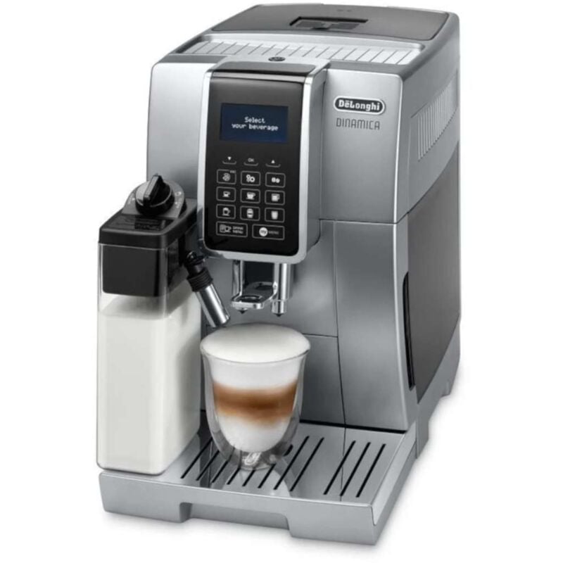 Kaffeevollautomat De'Longhi Dinamica stilvoller Kaffeevollautomat in Silber geeignet für die Zubereitung von gemahlenem und Bohnenkaffee integrierte Kaffeemühle - mahlt den Kaffee kurz vor der Zubereitung des Getränks Stahlmahlwerk mit 13 Grobheit Mahlstufen Auswahl aus 14 Getränkesorten intuitive Steuerung mit Touch-Tasten übersichtliche LCD-Anzeige herausnehmbare Verbrennungseinheit - einfache Wartung ohne Einsatz von Chemikalien die Möglichkeit