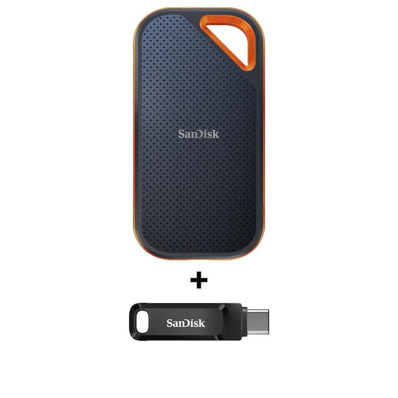 SanDisk Extreme Pro Portable SSD 2 TB V2 – USB-C 3.2 Gen2 IP65 wasserresistent + SanDisk Ultra Dual Drive Go 128 GB USB 3.1 Type-C / USB-A Stick