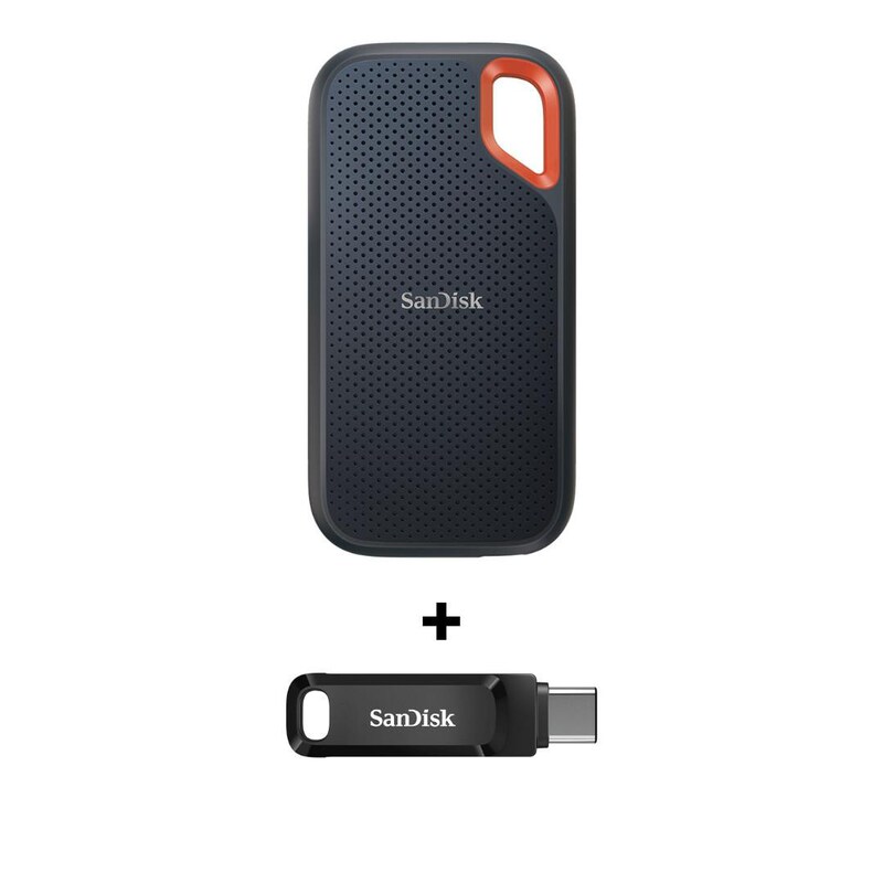 SanDisk Extreme Portable SSD 2 TB V2 – USB-C 3.2 Gen2 IP65 wasserresistent + SanDisk Ultra Dual Drive Go 128 GB USB 3.1 Type-C / USB-A Stick